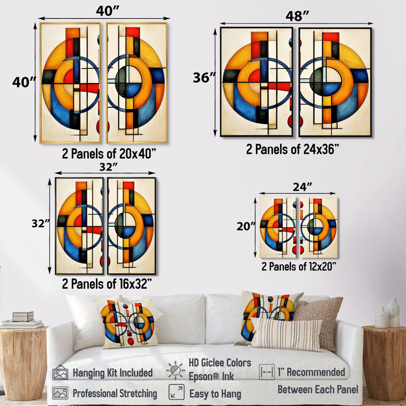 Jaune et bleu explorant les dimensions - art mural moderne rouge 2 panneaux, Black, 36" H x 48" W