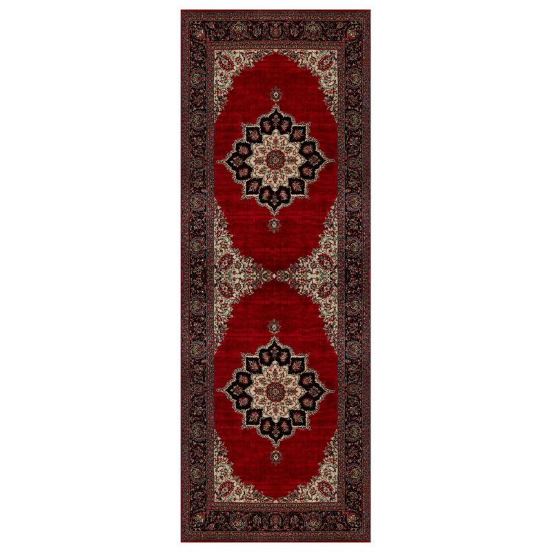 Guria Red/Brown/Burgundy Oriental Vintage Look Machine Printed Cotton Chenille Area Rug, Square 4'