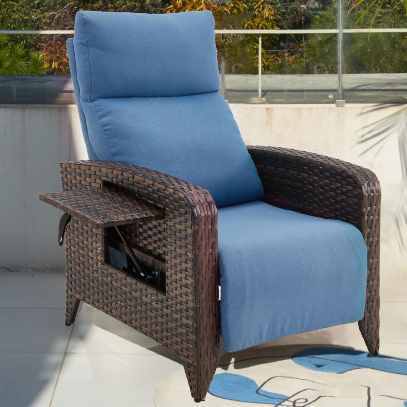 Dasai Wicker Outdoor Recliner Chair with Table, Blue, Brown