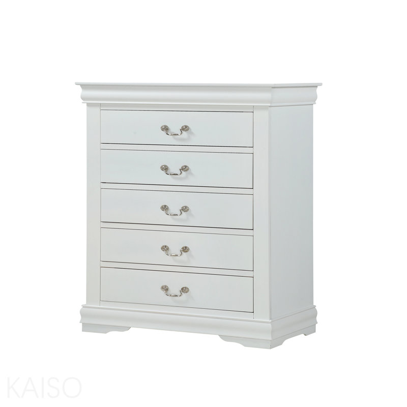 1pc White Finish Five Drawers Louis Philip Chest Solid Wood Contemporary Sleek Ample Storage, White