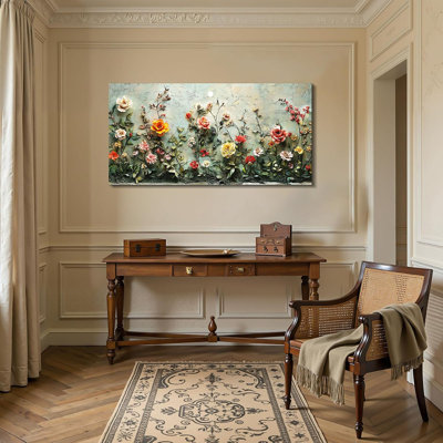 Art mural fleur, art mural grand, décoration murale florale, photo sur toile rose rétro, décor champêtre nature, peintures gris et vert pour le salon, la salle à manger, le couloir, 24 x 48