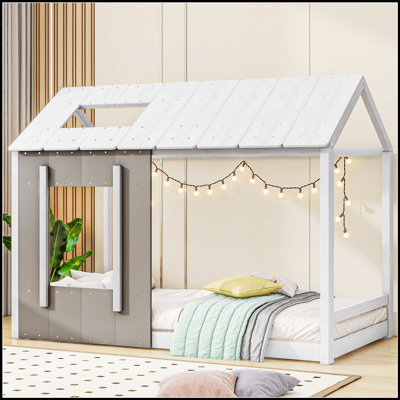 Charming House-Shaped Platform Bed with Roof and Window, Perfect for Cozy and Private Sleeping Space