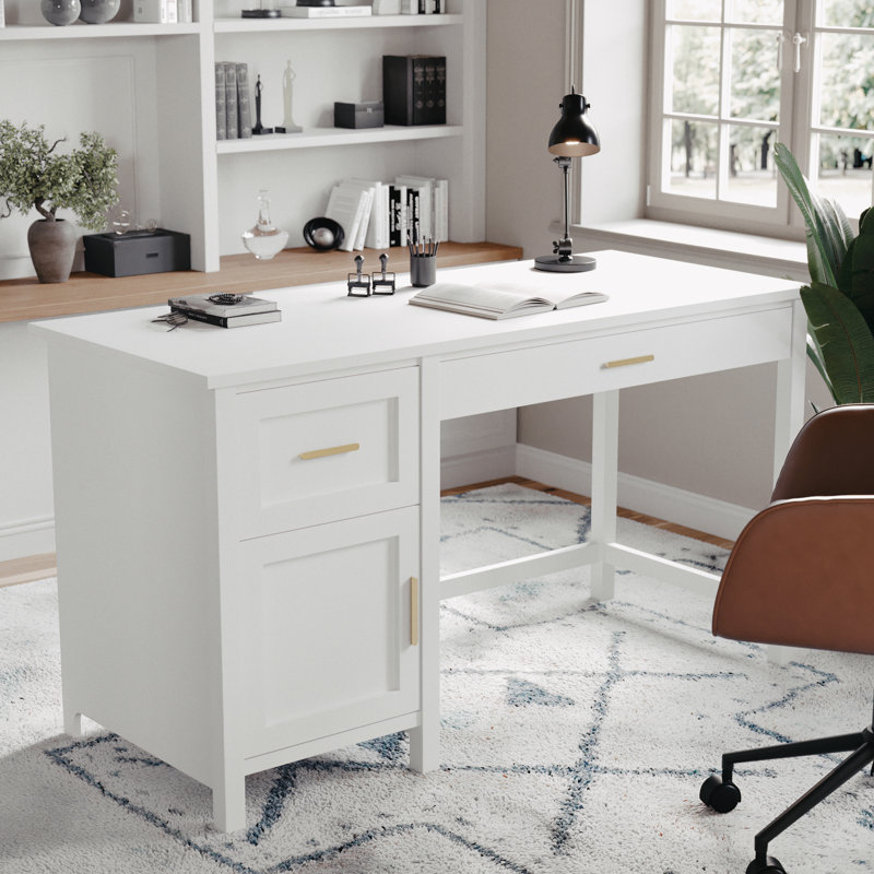 Martha Stewart Teague Shaker Style Home Office Desk with Storage, White