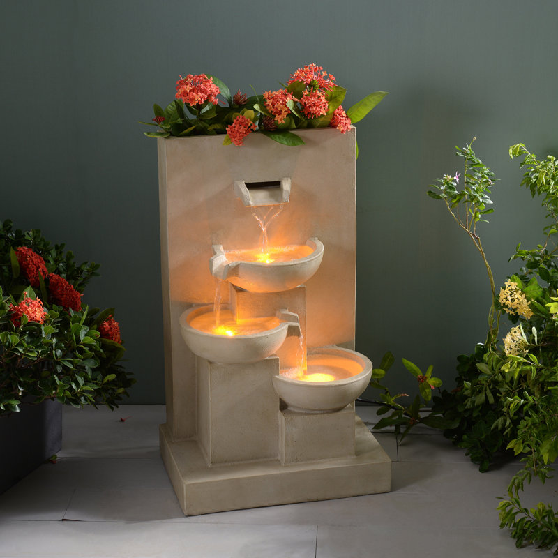 3-Tier Cascading Outdoor Water Fountain with Planter and Built-In LED Lights – Decorative Garden or Patio Feature, Natural