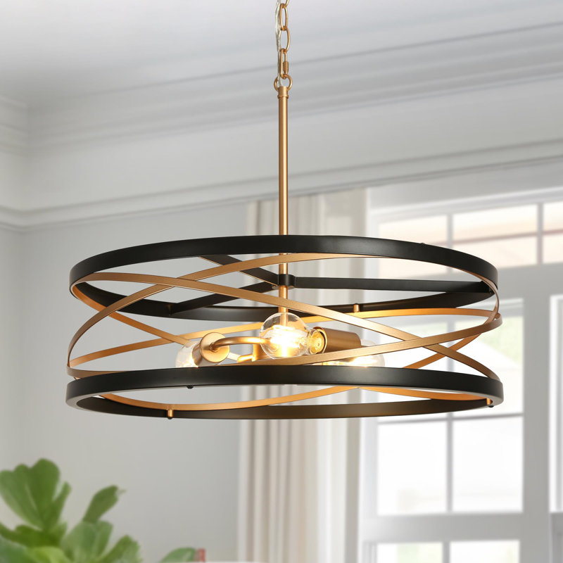 Grigor 3 - Light 22" Wide Drum Black/Gold Chandelier for Dining Room, Foyer