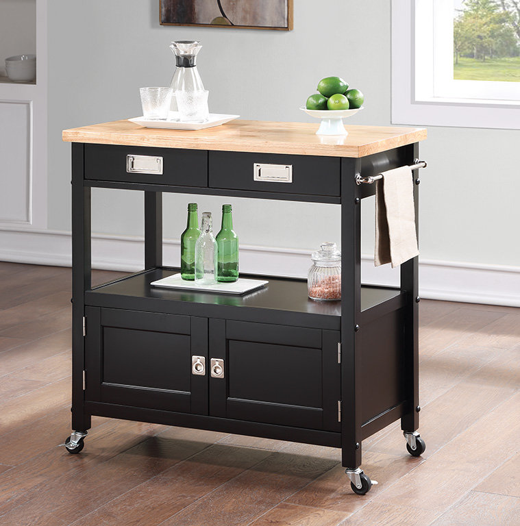 Chariot de cuisine avec plateau en bois massif de 34,75 po de largeur Brothwells, Noir