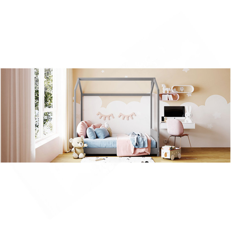 Lit double en bois de velours, gris, Gris, Lit double