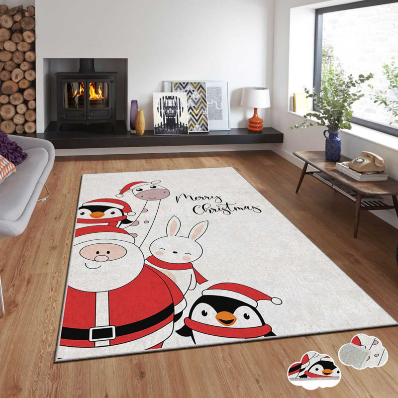 Tapis rectangulaire tissé à la machine en polyester noir / blanc / rouge, Rectangle 2 pi 7 po x 4 pi 7 po