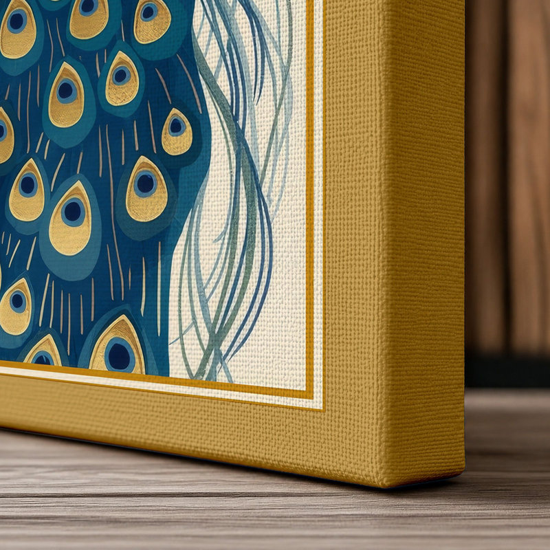 Ornamental Peacock Japandi - Wrapped Canvas, 18x12 - 45.7 x 30.5 cm, Ochre Border