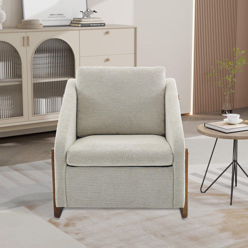 Upholstered Accent Armchair With Wood Accent Base, Beige Chenille
