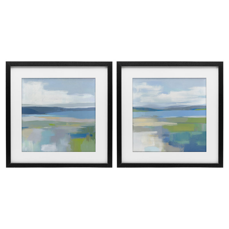 Brushed Quiet Cove Landscape 2pc Framed Print Under Glass Set, design by Mona Grace, 13" H x 13" W, Midnight Black Frame