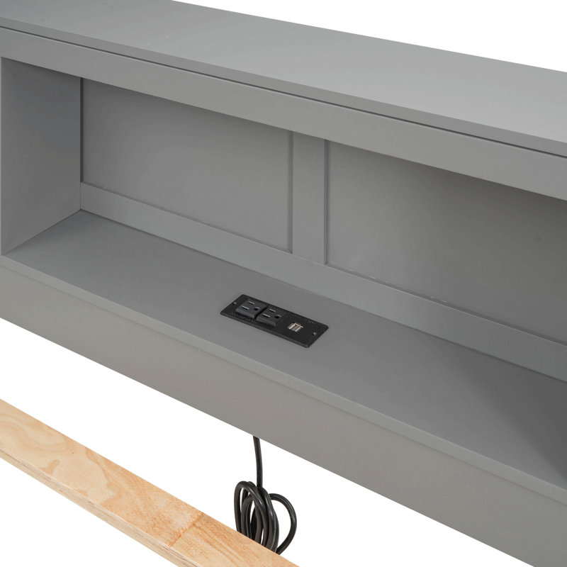 Lit plateforme double avec tête de lit à rangement, USB, lit gigogne simple et 3 tiroirs, Gris