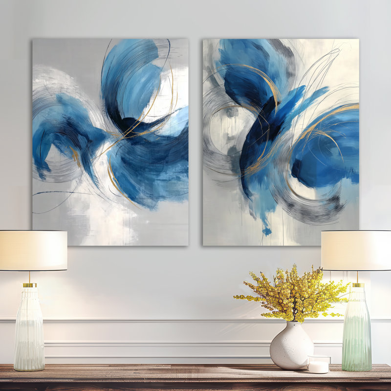 «Abstract Swirl in Blue and White Tones I», art mural 2 pièces, H 32 po x l 48 po
