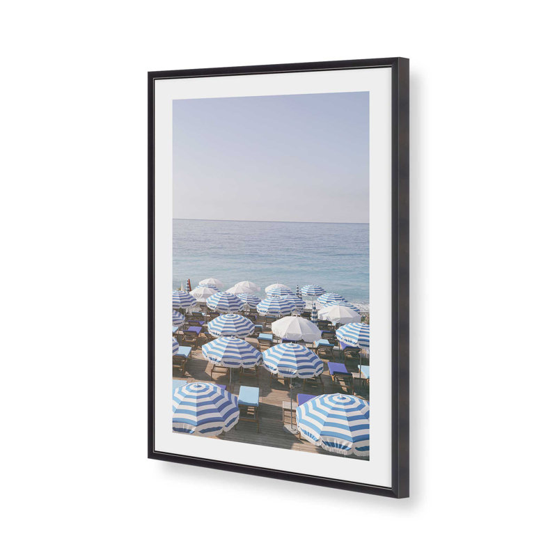 «Blue Umbrellas By The Shore», reproduction d'art, Cadre de coin ouvert en zinc patiné, H 15,25 po x l 12,25 po