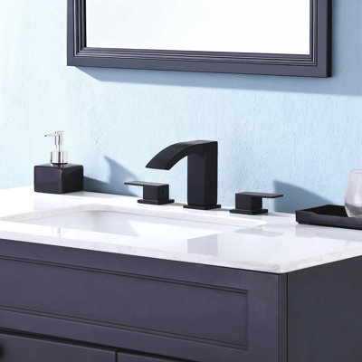 Robinet de salle de bain noir à 3 trous, 8 pouces avec cascade encastrée noire matte avec bonde escamotable et conduites d'alimentation