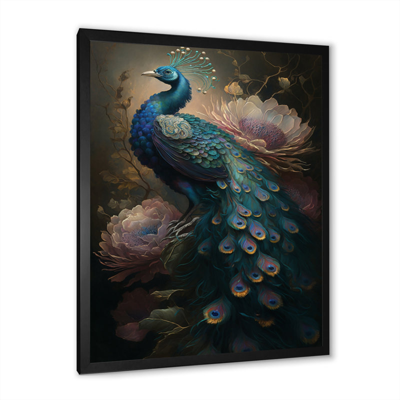 Peacock with Flowers - Print on Canvas, Framed Print, 20" H x 12" W, Black