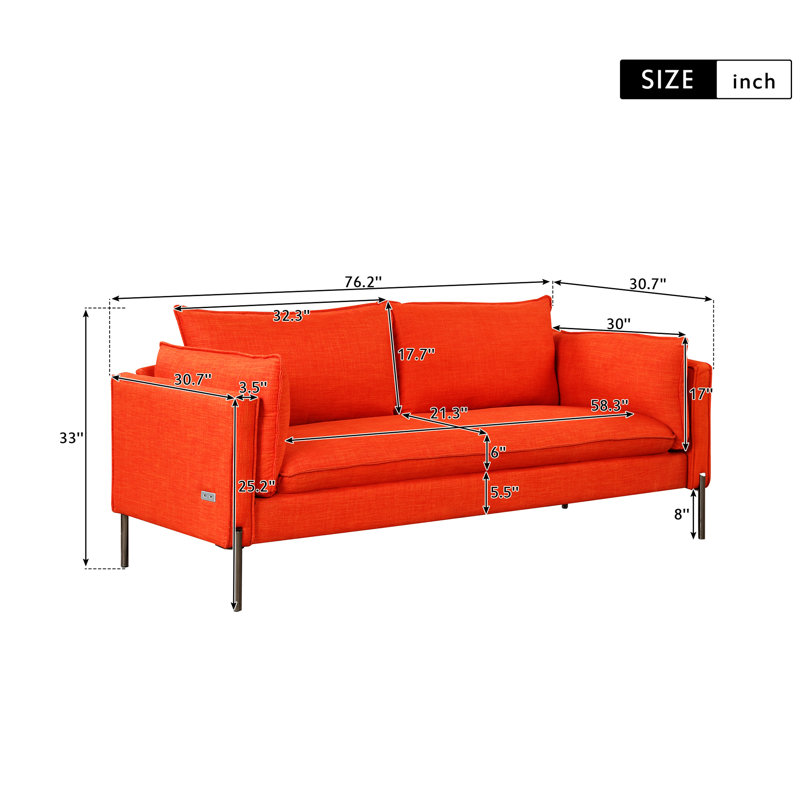 Canapé rembourré 3 places 76,2 po, Lin orange, H 33 po x l 76,2 po x P 30,7 po