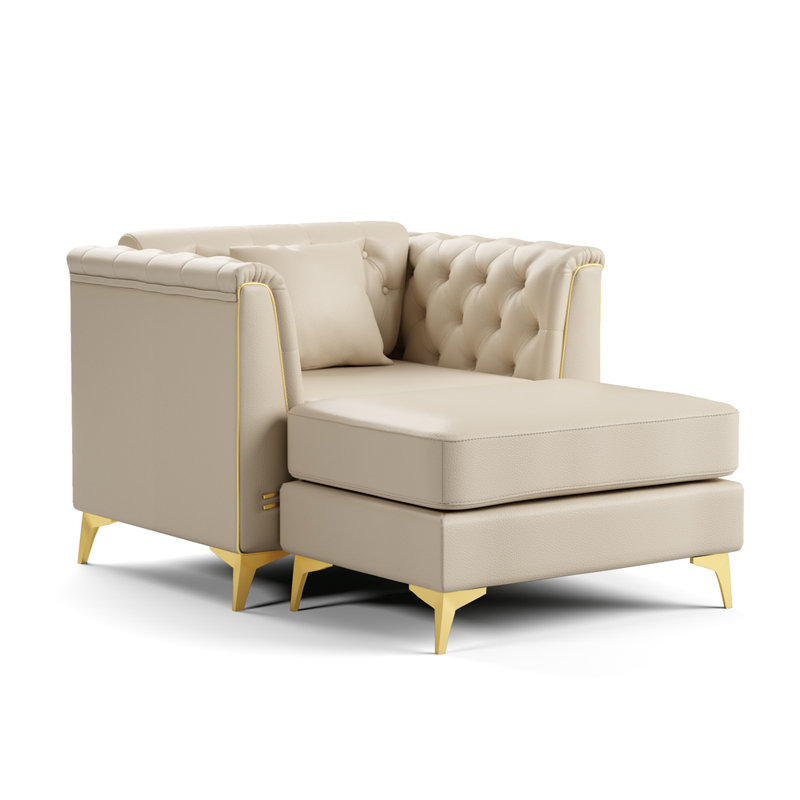 Canapé 1 place avec 1 coussin et 1 repose-pieds, Beige Faux Leather