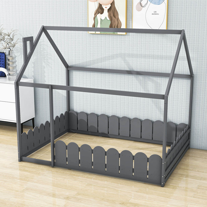 Eslick Full Size House Bed with Fence, Gray