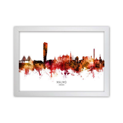 Malmo Sweden Skyline Red City Name by Michael Tompsett - Print