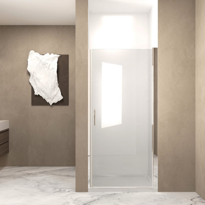 Porte de douche pivotante 28 po x 72 po avec demi-cadre en aluminium brossé nickel, verre trempé de 1/4 po de 6 mm, film, bande de blocage de l'eau surélevée et verre transparent pour salle de bain transparent