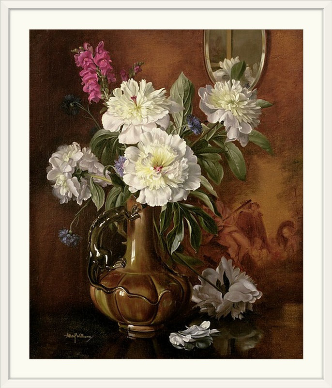 «Alexonia White Pe pivons in a Glazed Victorian Vase», reproduction d'art, H 38 po x l 33 po x P 1 po, Cadre blanc