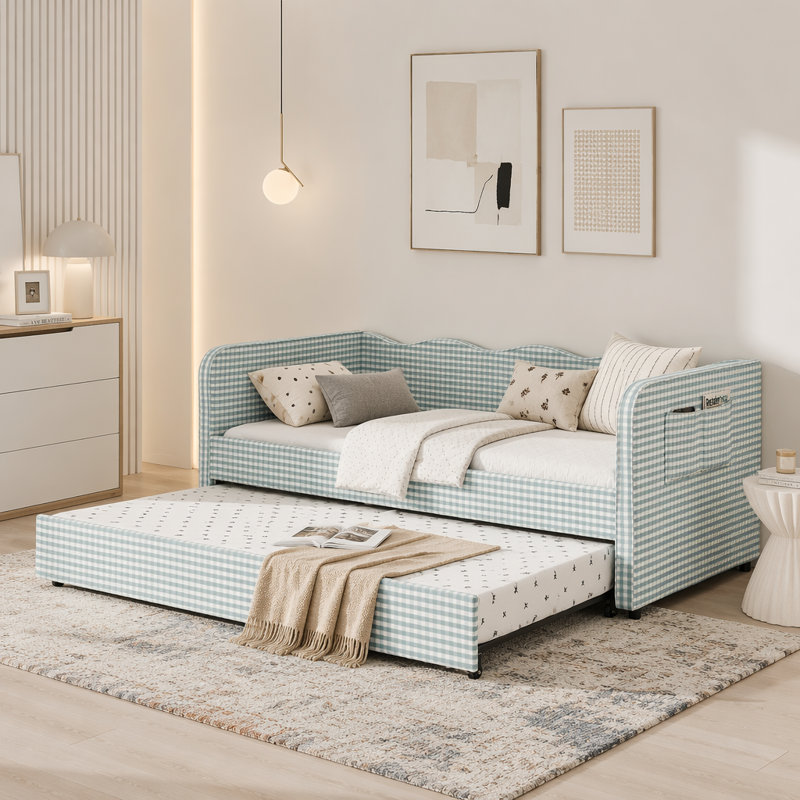 Lit de jour simple en vichy convertible 3 en 1 avec couchette et poches de rangement, Cyan