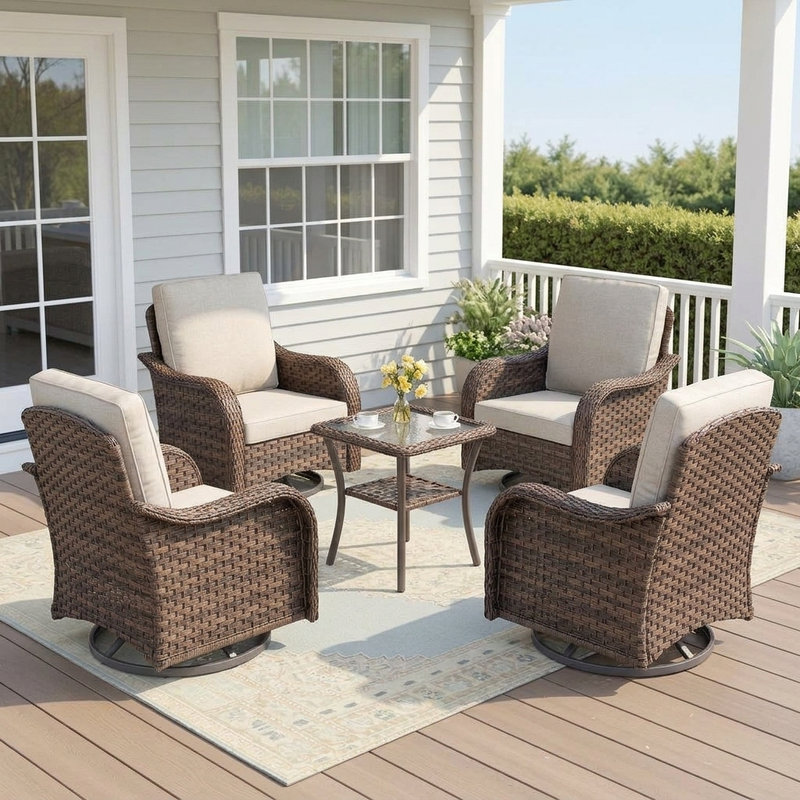 Ensemble de mobilier de patio en résine tressée 5 pièces, ensemble de conversation extérieur en rotin PE brun avec table d'appoint et 4 chaises pivotantes, coussins beiges