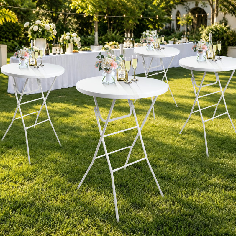 32" Round White Folding Cocktail Table, 43.3" Foldable Bar Height Party & Event Table, Set of 2