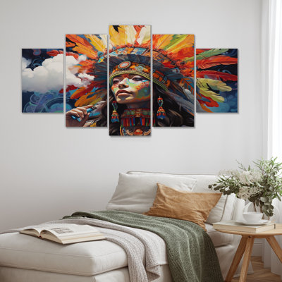 Tribal Beauty Feather Headdress Retro I - Native Woman Wall Art Decor Set 5 Piece