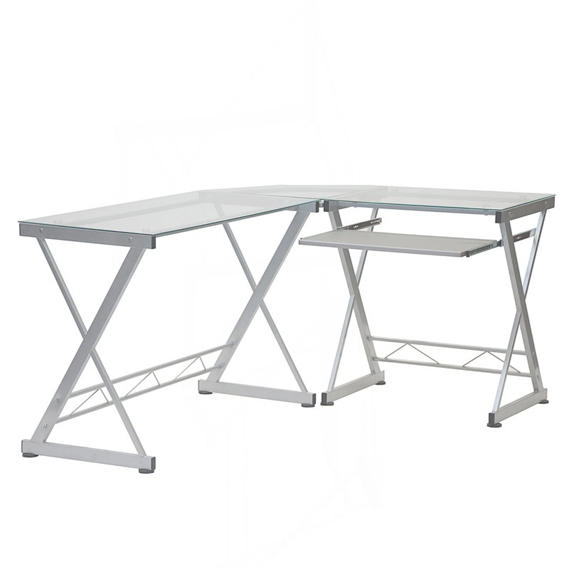 L-Shaped Tempered Glass Top Computer Desk with Pull Out Keyboard Panel
