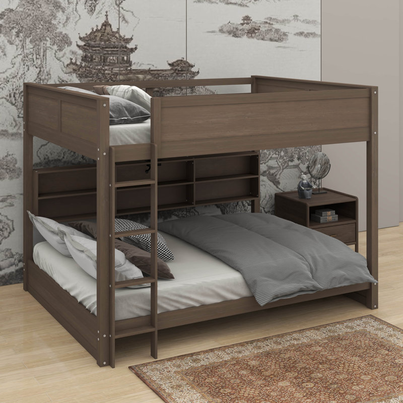 Queen Over Queen Bunk Bed With Cabinets And USB, Antique Wood Color