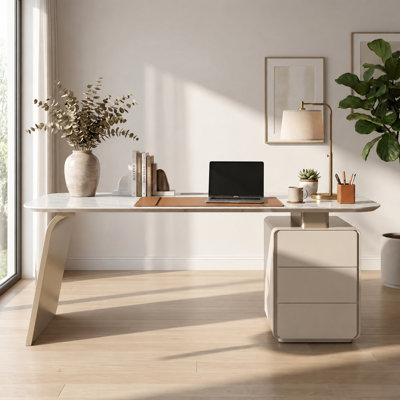 Bureau de rangement moderne à aspect marbre avec 3 tiroirs, grand bureau d'écriture 62,99 po avec multiprise intégrée et recharge sans fil, poste de travail épais pour le bureau à domicile