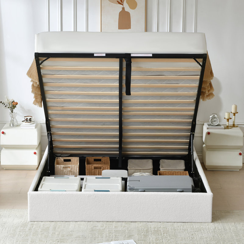 Lit plateforme tapissier avec rangement Arcadia, Lit double, Boucle blanc