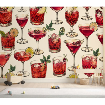 Papier peint adhésif à motif de cocktail rouge, boissons rouges, agrumes, garniture beige, papier contact amovible pour décoration de salon, chambre à coucher H 69 po x l 96 po
