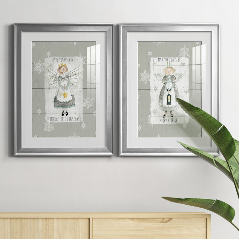 «Merry Little Christmas», ensemble de 2 reproductions d'art, H 18,5 po x l 49 po x P 1,5 po, Papier avec cadre argenté, Blanc