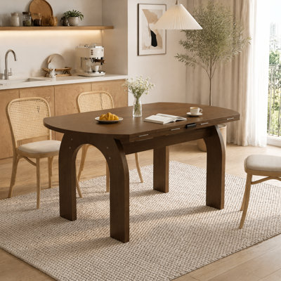 Table de salle à manger extensible en bois massif de 130 cm (51,2 po), convertible en table ronde ovale avec finition noyer, abattants et pieds robustes en forme d'arche, table de cuisine de style campagnard pour petits espaces