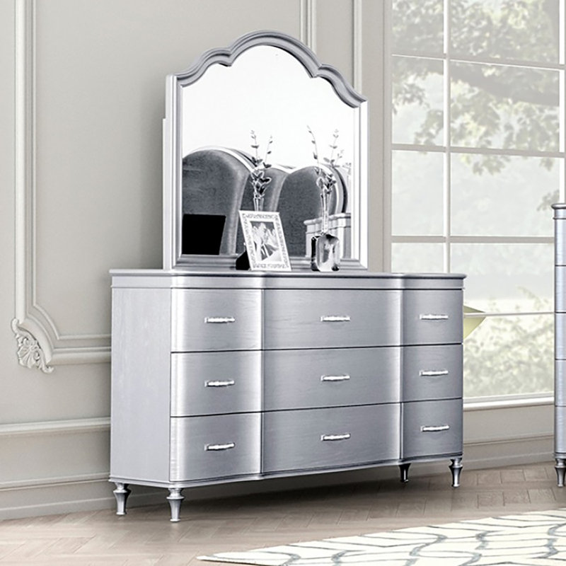 Commode 9 tiroirs avec miroir Nolaine, Argent