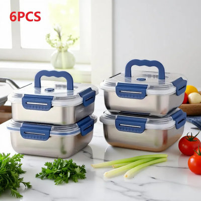 Contenant alimentaire très grand en acier inoxydable avec couvercles bleus - conception profonde, joint hermétique, parfait pour l'organisation du réfrigérateur, la préparation des repas, les boîtes à lunch et le garde-manger