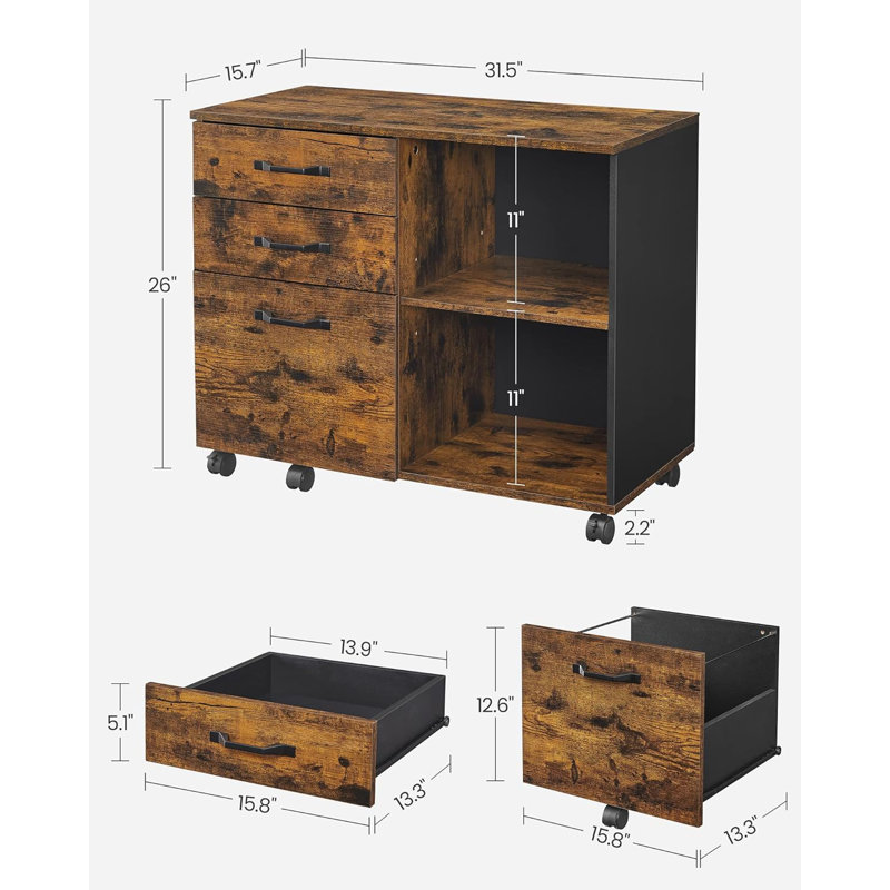 Lateral File Cabinet With 3 Drawers And Open Shelves, Mobile Office Storage Solution For Printer, Files, And Supplies