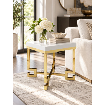 Pangea Home Sophia Modern Side/End Table – White High Gloss End Table with Gold Steel Geometric Base, Contemporary Accent Table for Living Room or Bedroom