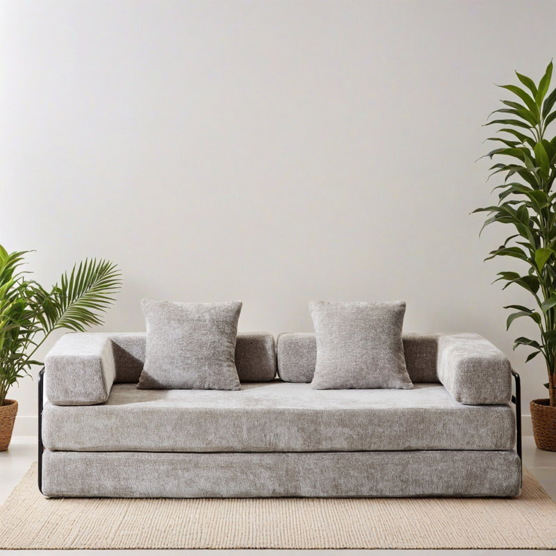 76.78" Convertible Floor Compression Sleeper Sofa Bed with Pillow Back Support Armrest for Living Room Bedroom, Light Grey