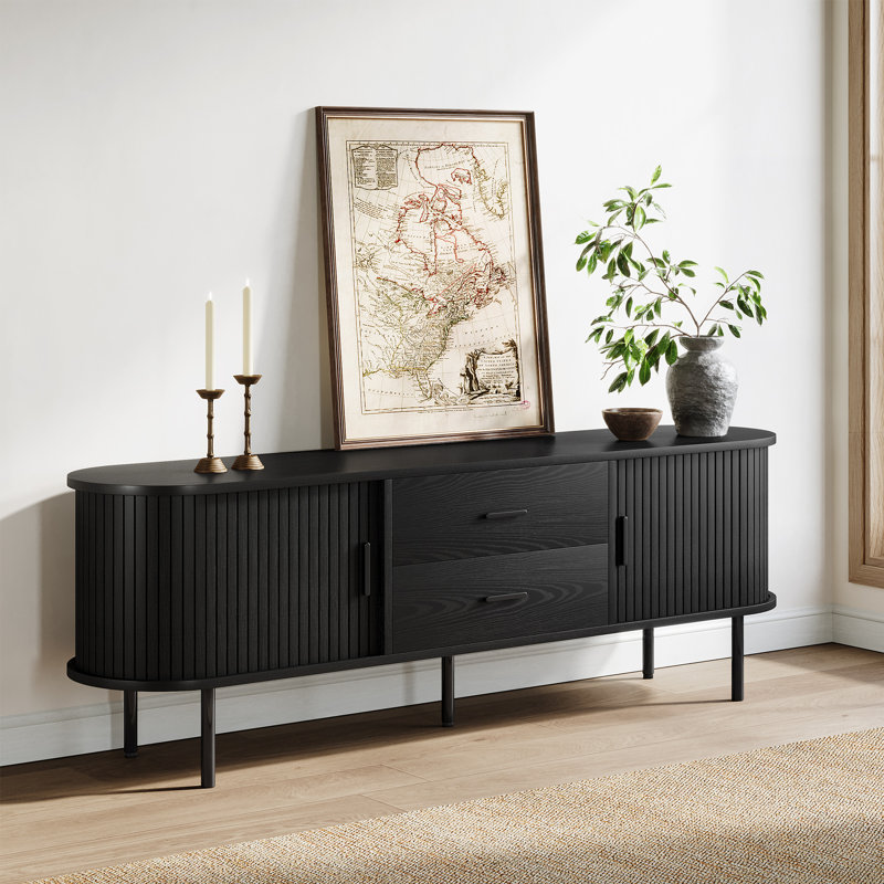 70" Mid-century Modern Low Console Cabinet, Black
