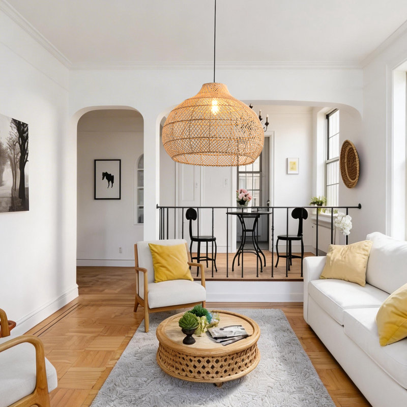 Large Rattan Pendant Light, Natural Wicker Shade, Iron Frame, Adjustable Height, E27 Socket, 60 Cm Diameter, For Living Room Dining Room (Bulb Not Included)