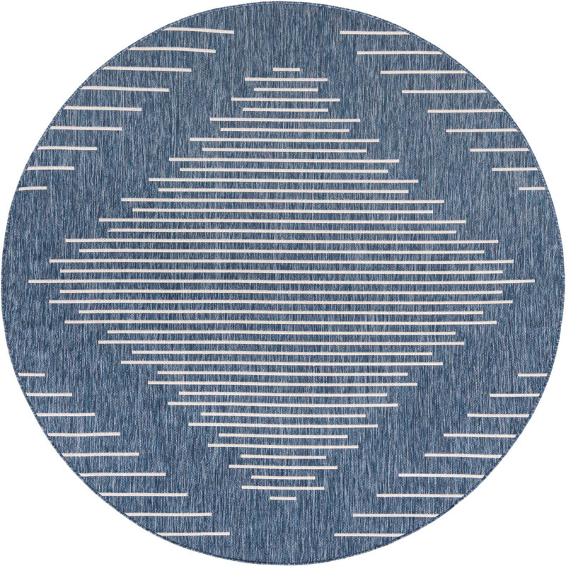 Tapis géométrique bleu en polypropylène tissé à la machine Wallington, Rond 7 pi 10 po