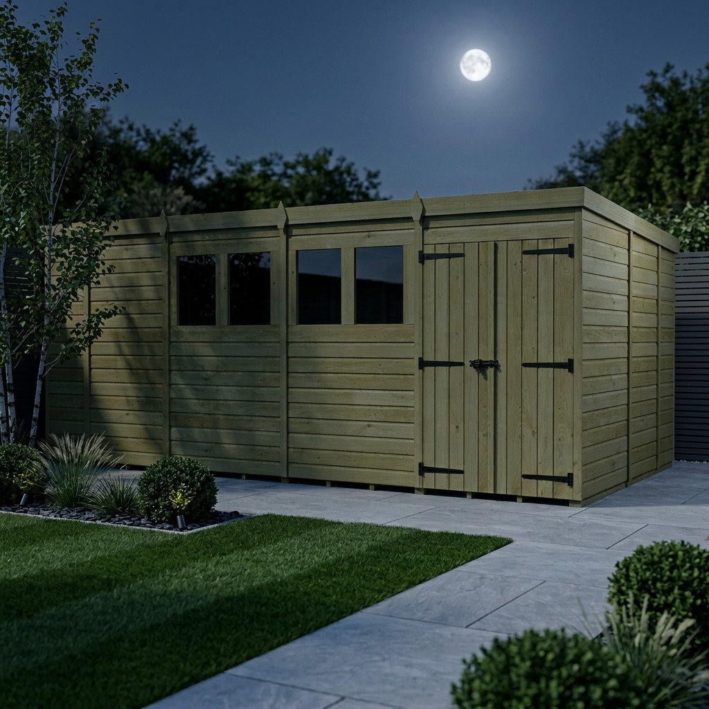 Total Sheds 17ft x 9ft Pent Garden Shed - Double Door - With Windows - Pressure Treated Timber - UK Manufactured