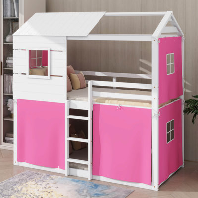 Twin-Sized Wooden Bunk Bed, Cottage-Style Bed With Windows And Play Tent, Low Loft Bed Frame With Secure Guardrail