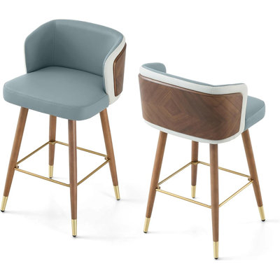 Ensemble de 2 tabourets de bar modernes à hauteur de comptoir avec sièges en cuir et structure en bois de noyer, gris acier