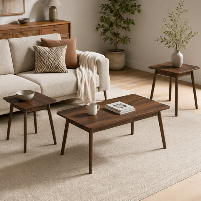 Ensemble de table, ensemble de 3 pièces, café, bout, côté, décor, salon, stratifié noyer, Mid-Century, moderne