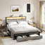 Lit Livia Queen avec 4 tiroirs et tête de lit ouverte avec rangement, lampe DEL réglable et station de recharge, sommier non requis, gris-960648537-975702965
